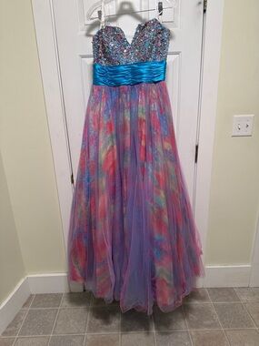 Party Time Formals Lavender Multicolor Sequin Ball Gown with Teal Satin Waist